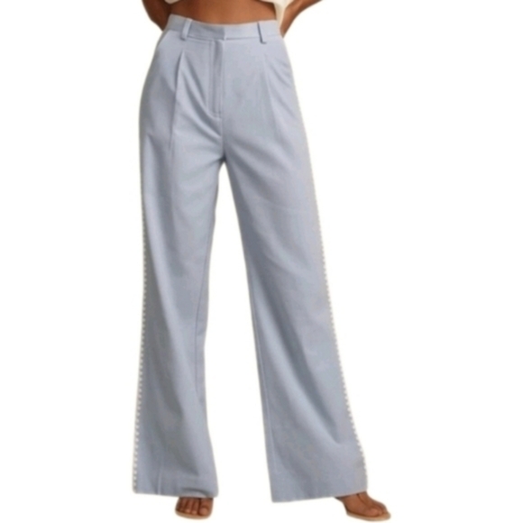 Mon Renn Pants - MON RENN Womens Blue Lisle Pant Wide Leg Highwaist Side‎ Embroidered Size Small
